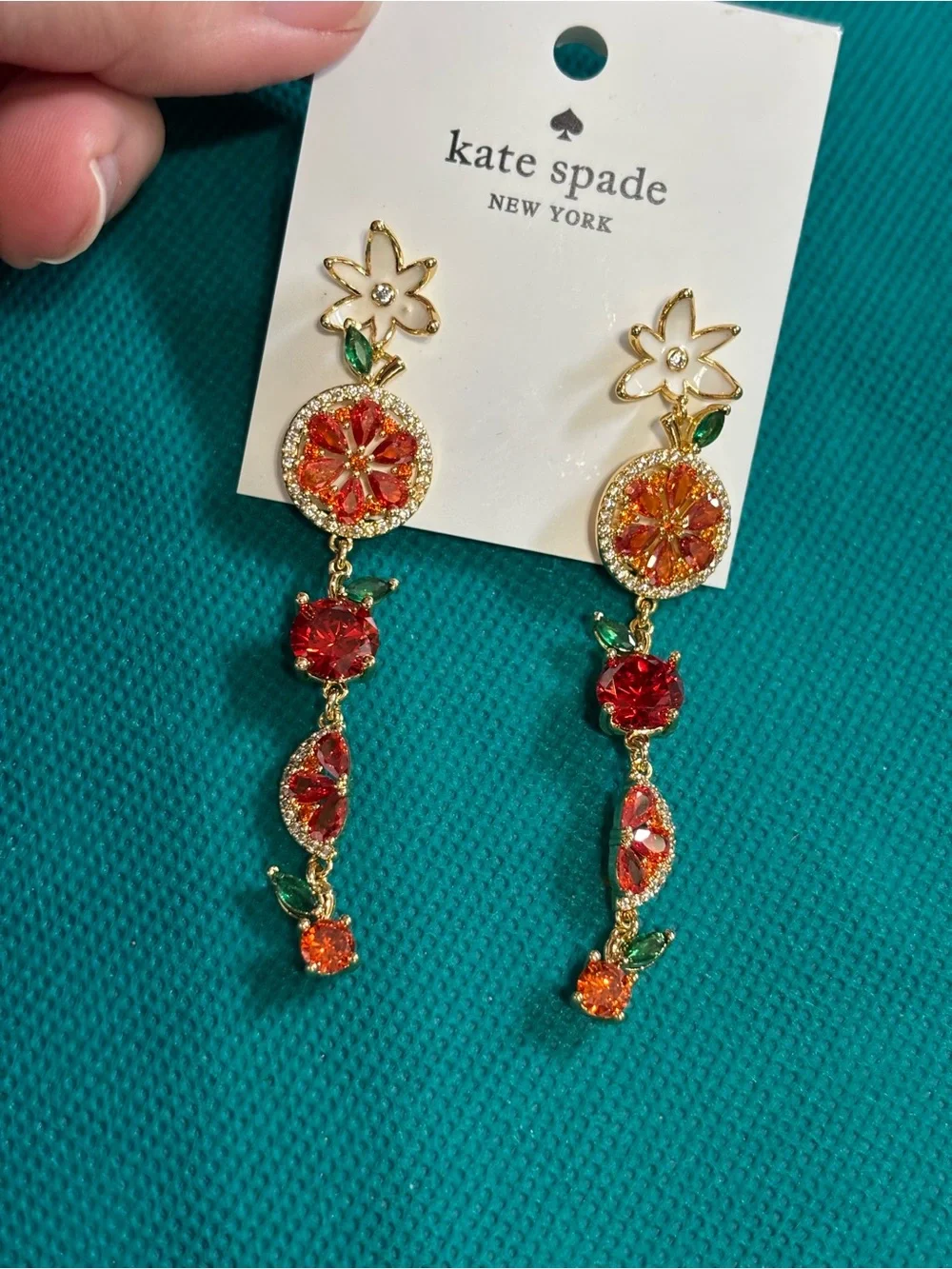 kate spade gold-tone orange & red floral drop earrings with green accents